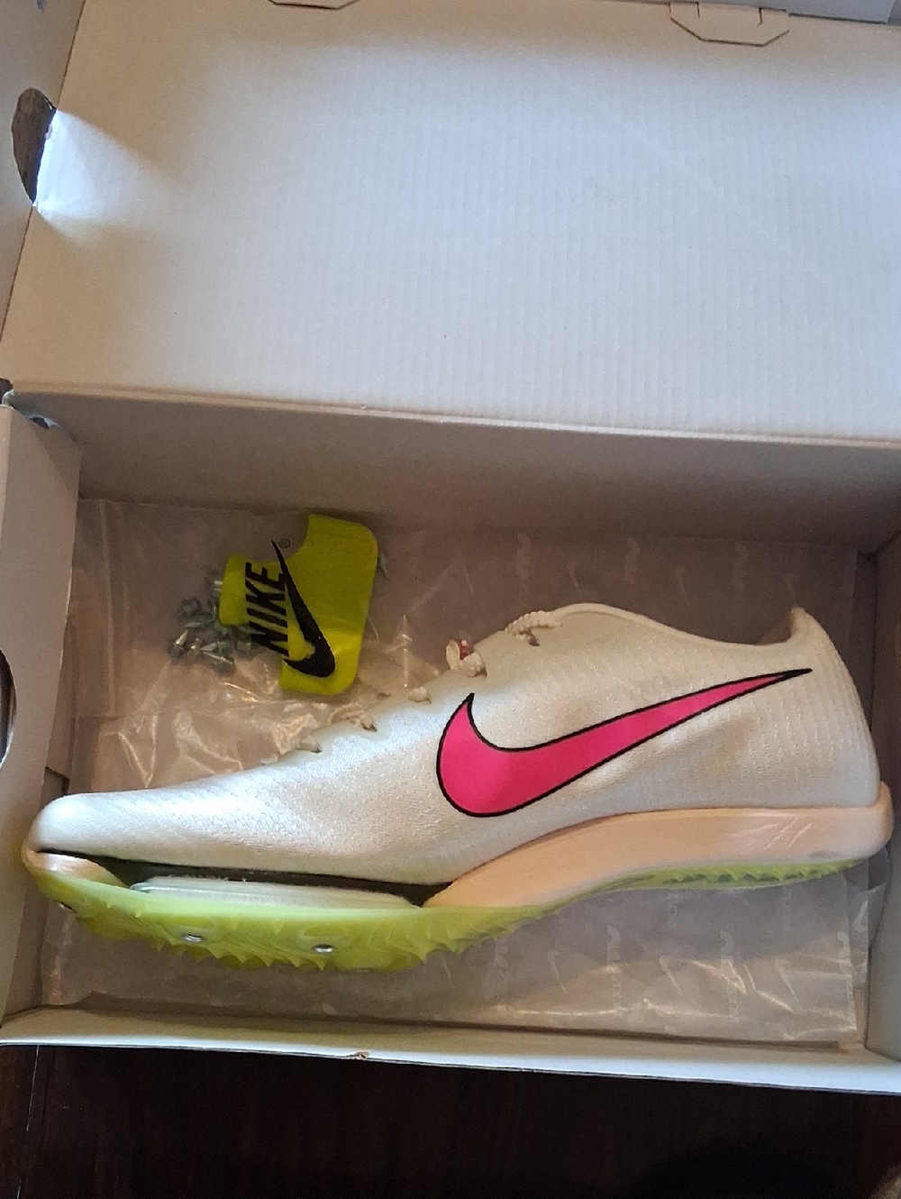 Nike White Track Spike with Pink Swoosh and Lime Sole